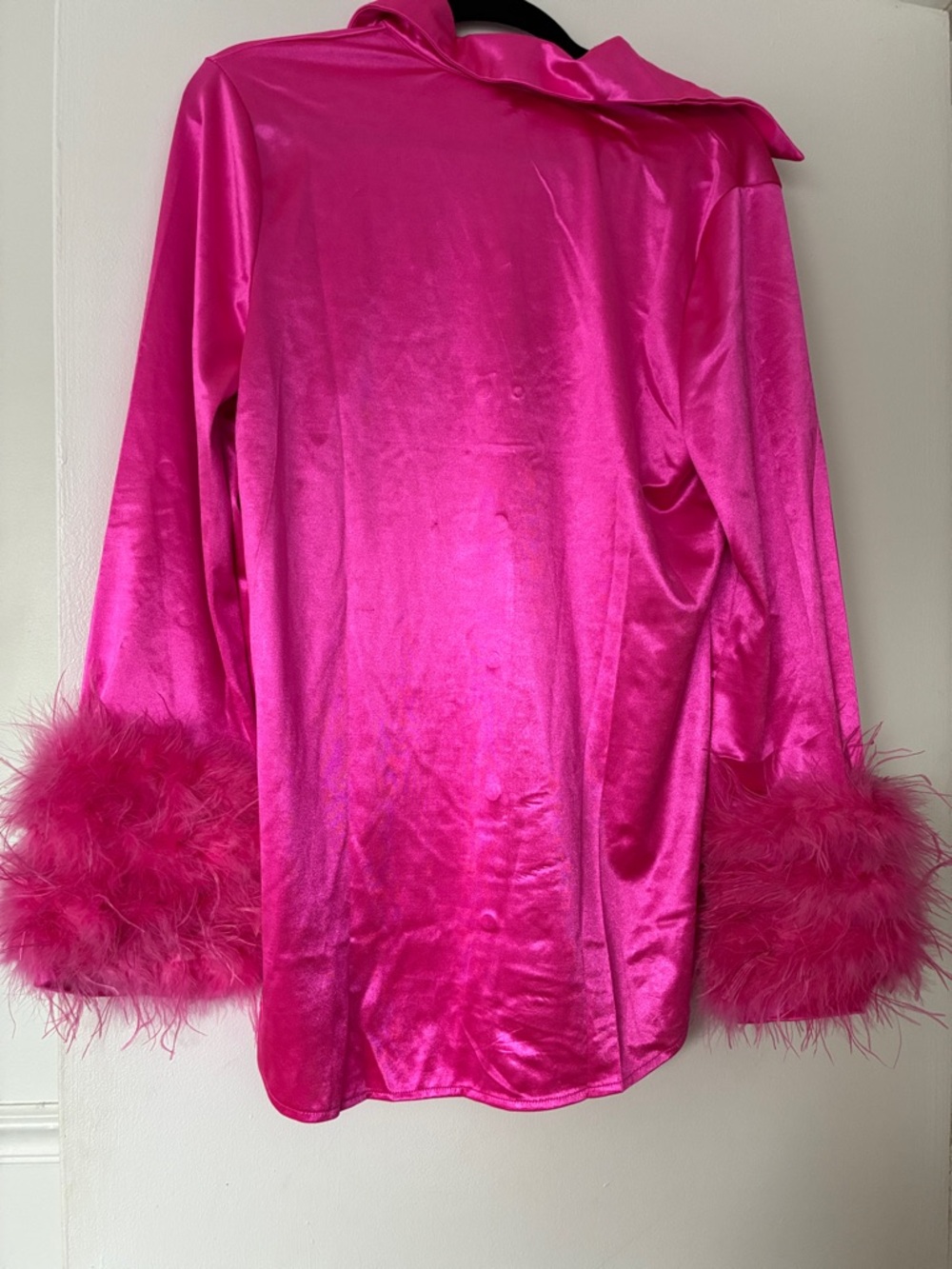 Bold Hot Pink Satin Blouse with Feather Cuffs - Picture 4 of 6